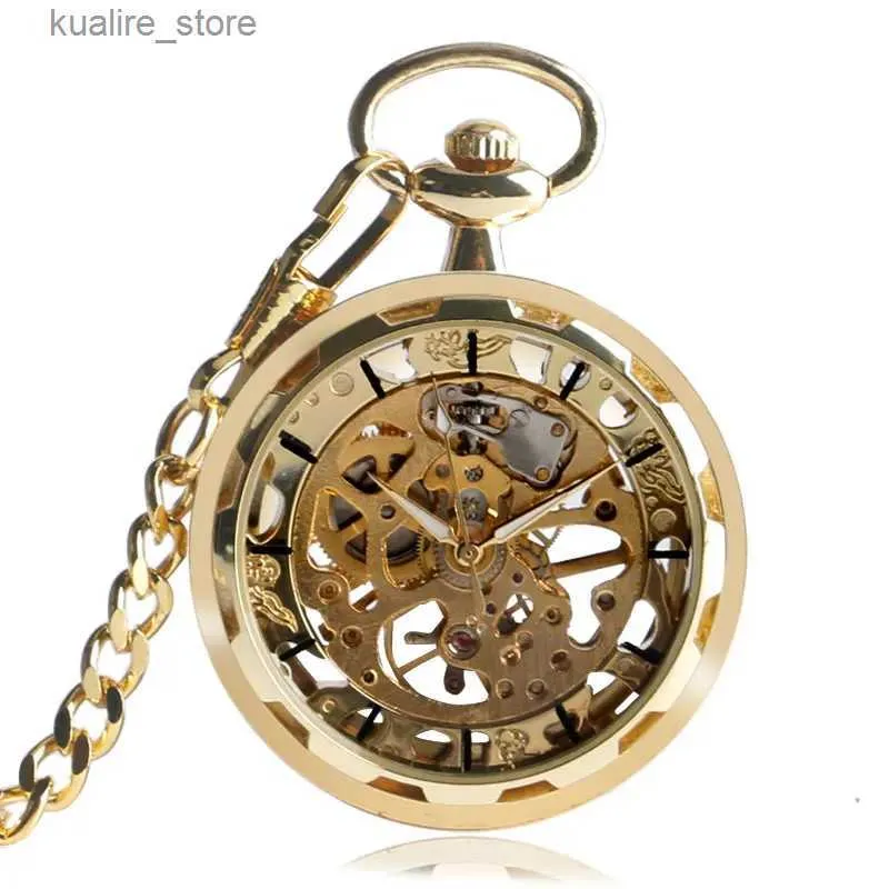 Pocket Watches All Gold Skeleton Pocket Retro Steam Punk Fashion Chain Mechanical Hand Roll Open Face Fashionable Mens Gift L240402