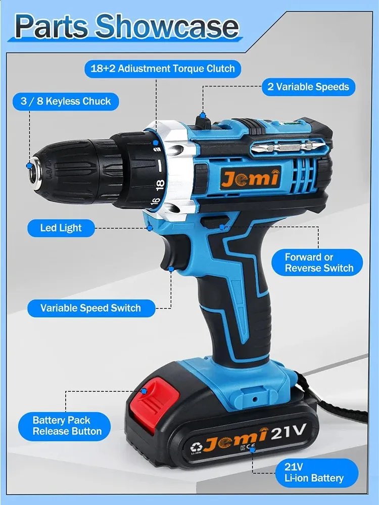 Conjunto de perfuração sem fio 21V 23 peças com 38 mandril sem chave 25 3 Torque máximo de trabalho da embreagem 45nm 2 velocidades 240402