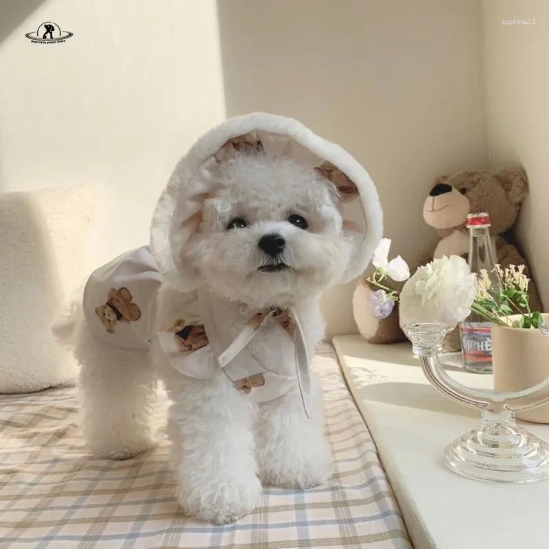 Hundkläder husdjur hatt koreansk vinter säljer söt vindtät bulle huvudattack huvudbonad plysch kant jämn kod bindande valp tillbehör