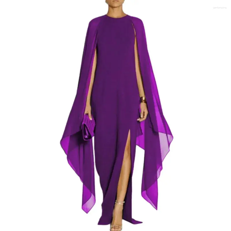 Casual Dresses Solid Color Chiffon Maxi Dress Elegant O-neck With Irregular Split Layer Shawl Design Women's Slim Fit Party