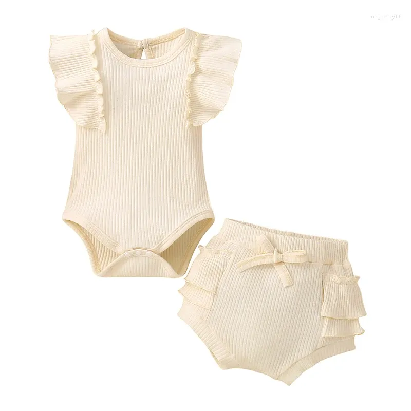 衣料品セット幼児の女の女の子2ピース衣装リブ付きニットフリルスリーブロンパートップスとショートパンツ幼児夏の服