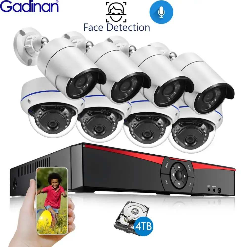 نظام Gadinan 4ch/8ch Security NVR مجموعات 5MP POE الكاميرا الكشف عن الوجه الصوتية الصوت CCTV DOME DOME BULLET Outdoor Switciollance Kit