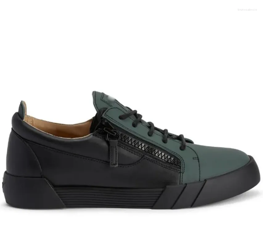 Casual Shoes Green Leather Low Top Cut Zip Up Sneakers Side Zipper Lace Board Men Daily Hombre Chaussure