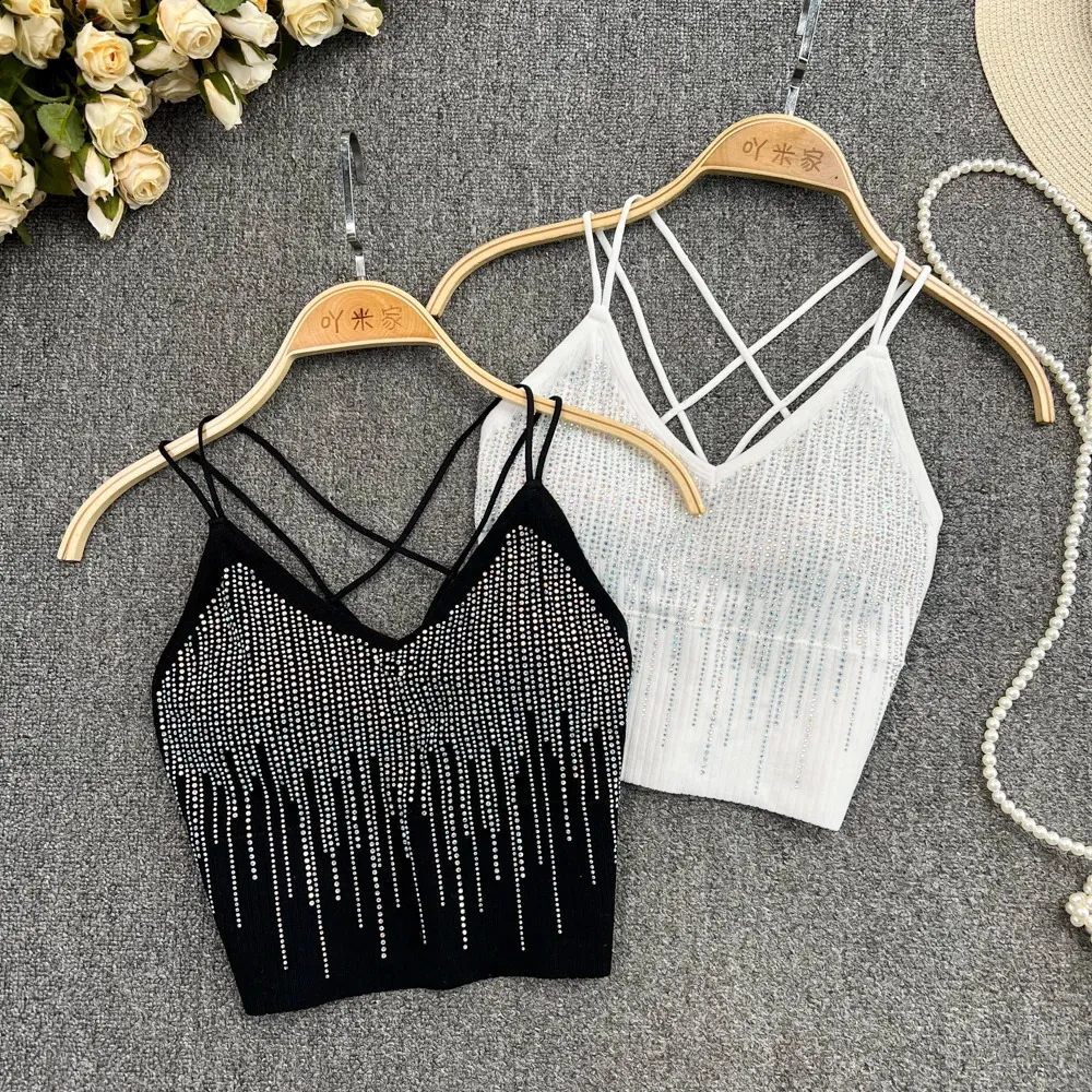 Chic Glitter cekin camis seksowna backless fashion top Top Slim Corset Bustier Stanik Podstawowe paski Summer Women Party Crop Top Ins 240327