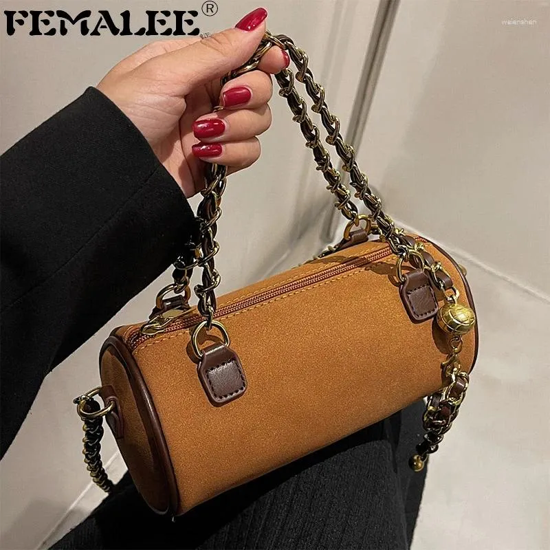 Shoulder Bags Vintage Suede Cylinder Women Fashion Frosted Chain Female Crossbody Bag Designer Luxury Matte Leather Small Purses