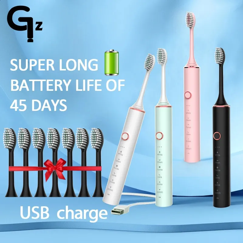 N100 SONIC ELEKTRISCHE TOUTBRUSH TIMER TIMER BOUS 6 MODE USB Lader Oplaadbare tandenborstels Vervangingskoppen ingesteld 240403