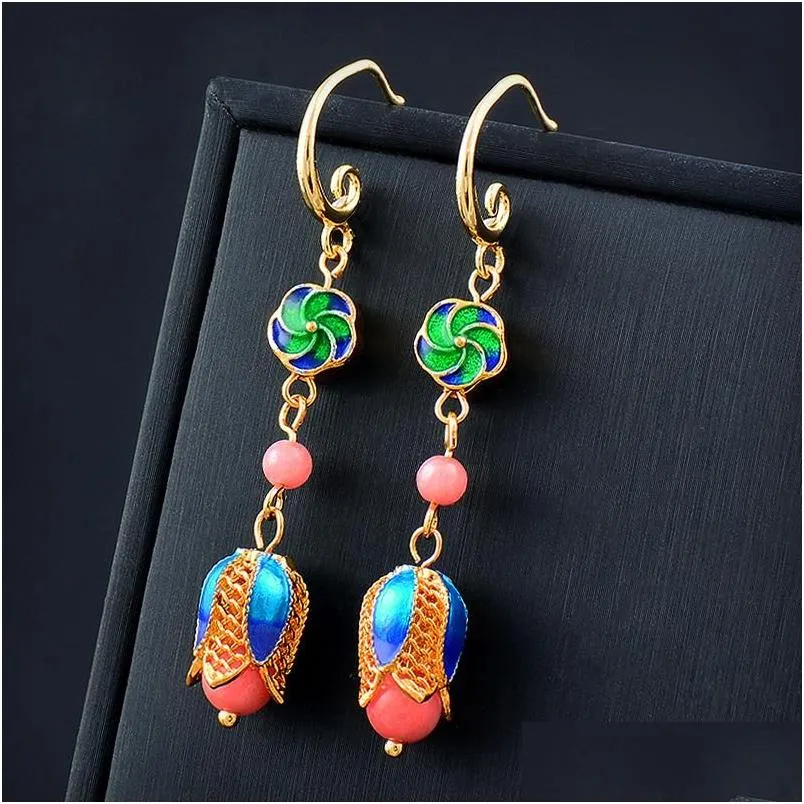 Dangle & Chandelier Vintage Style Green Blue Flower Ball Enamel Earrings For Women Pearl Beads Drop Jewelry Accessories Delivery Dheky