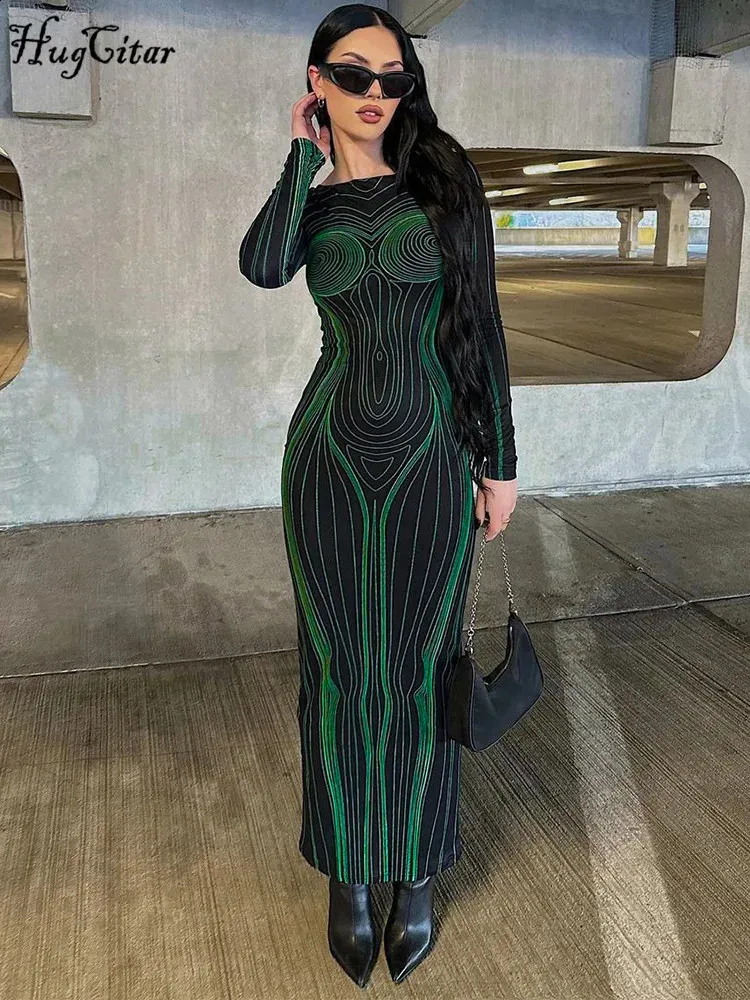 Striped Print Long Sleeve Bodycon Maxi Long Sleeve Maxi Dress for Women - Perfect for Y2k Evening Parties and Festivals (241105)