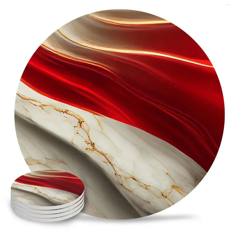 Bord mattor marmorstruktur röda dalare keramik set rund absorberande dryck kaffekopp placemats matta