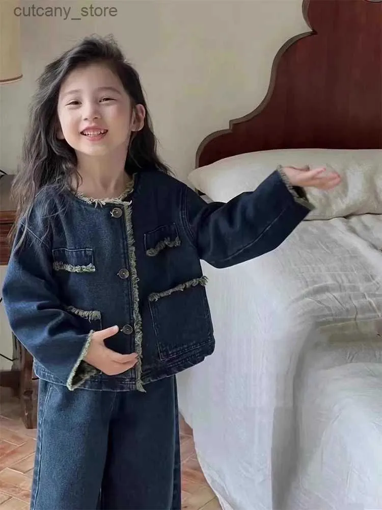 Hose Mädchen Denim Set gewaschener Quasten Vintage Mantel+ Lose Hosen 2023 Frühlings- und Herbst -Neue Kids Outfit Casual Clothing Set L46