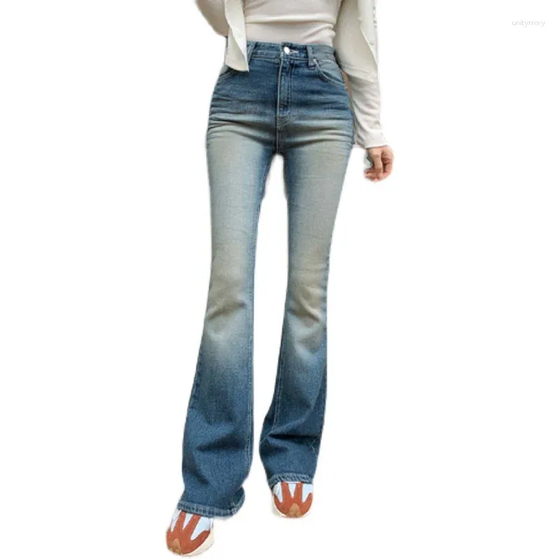 Kvinnors jeans retro mode kvinnor denim byxor sand spräng flare bomull spandex hög midja koreansk dam