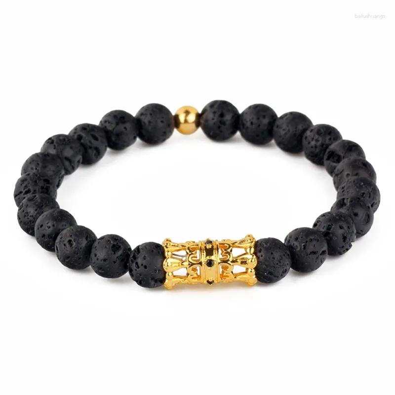 Stand Natural 8 mm Black Lava Onyx Stones Double Crown Long Tube Metal Charms Bracelet Standard Men Standard Bijoux Unique