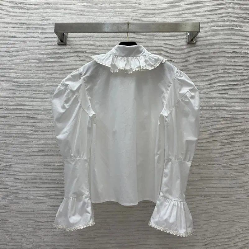 Dames blouses high -end aangepaste houten oorkant latwerk lapje bubbel hoorn mouw temperament zoete lange mouwen shirt top