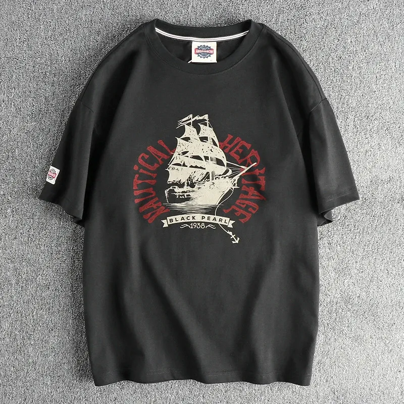 5106夏アメリカンレトロ半袖オナックヨットプリントTシャツメンズシンプル100コットンウォッシュカジュアルルーズ青年