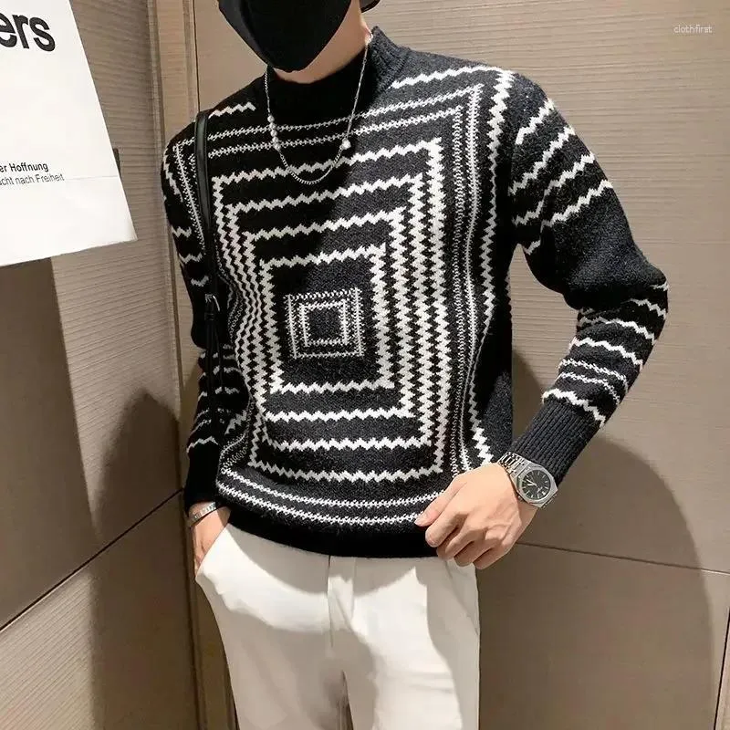 Herrtröjor man kläder grafik stickad för män tröjor randig halv krage turtleneck vit koreansk modeordning klassiker x