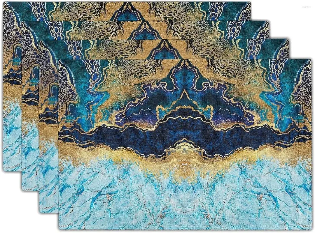 Сторонные коврики Мраморные размещения элегантный голубой золото мрамочный печать декоративное льняное коврик из 4 термостойких не скользящих мест 12 "x18"