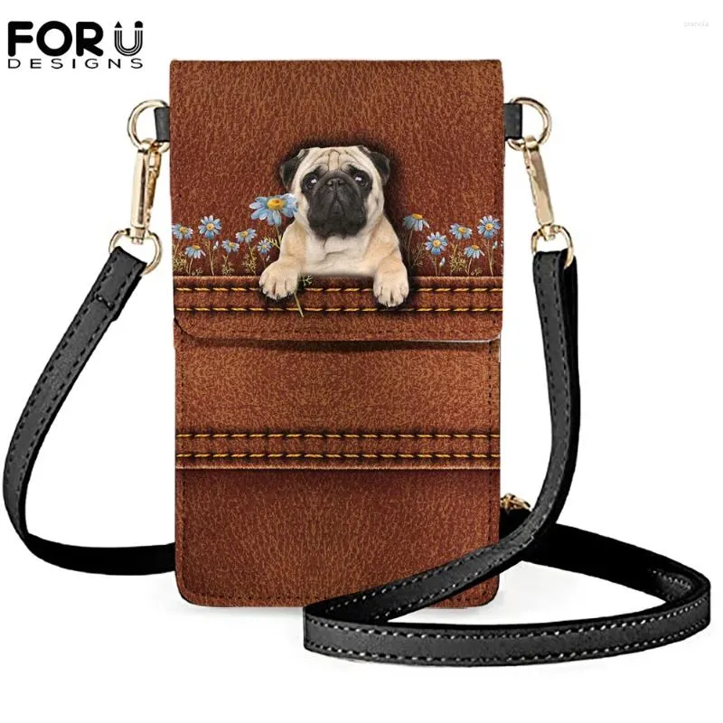 Axelväskor Forudesigns läderstil söt mops/Yorkshire terrier tryck kvinnor mobiltelefon smartphone crossbody sac damer handväska