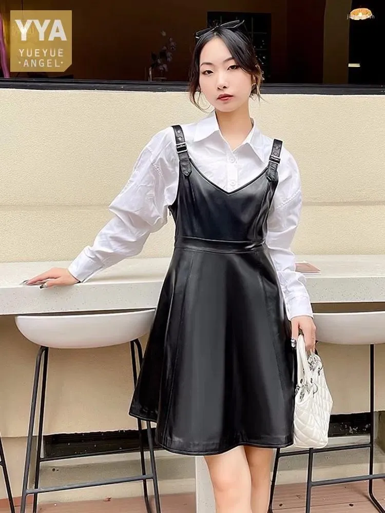 Casual Dresses Vintage Women V Neck Slim Fit Straps Dress Ladies Real Sheepskin High Waist Spring Genuine Leather Suspender