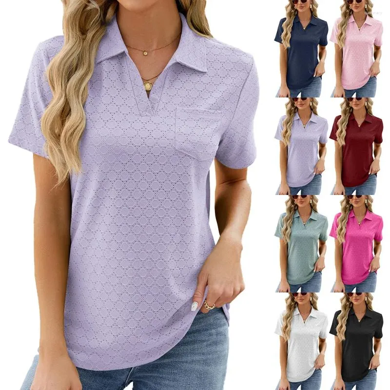 Dames t-shirts t-shirt losse top 2024 lente en zomers vaste kleur polo kraagzak korte mouw