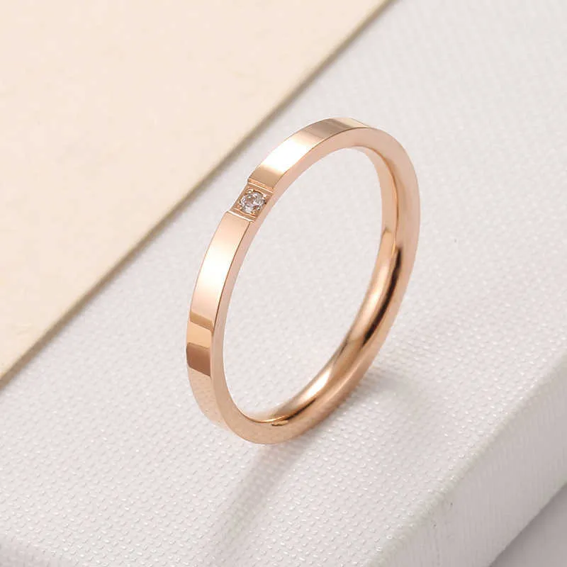 Stainless Steel Single Grain Stone Womens Ring Minimalist Titanium One Diamond Inlaid Couple