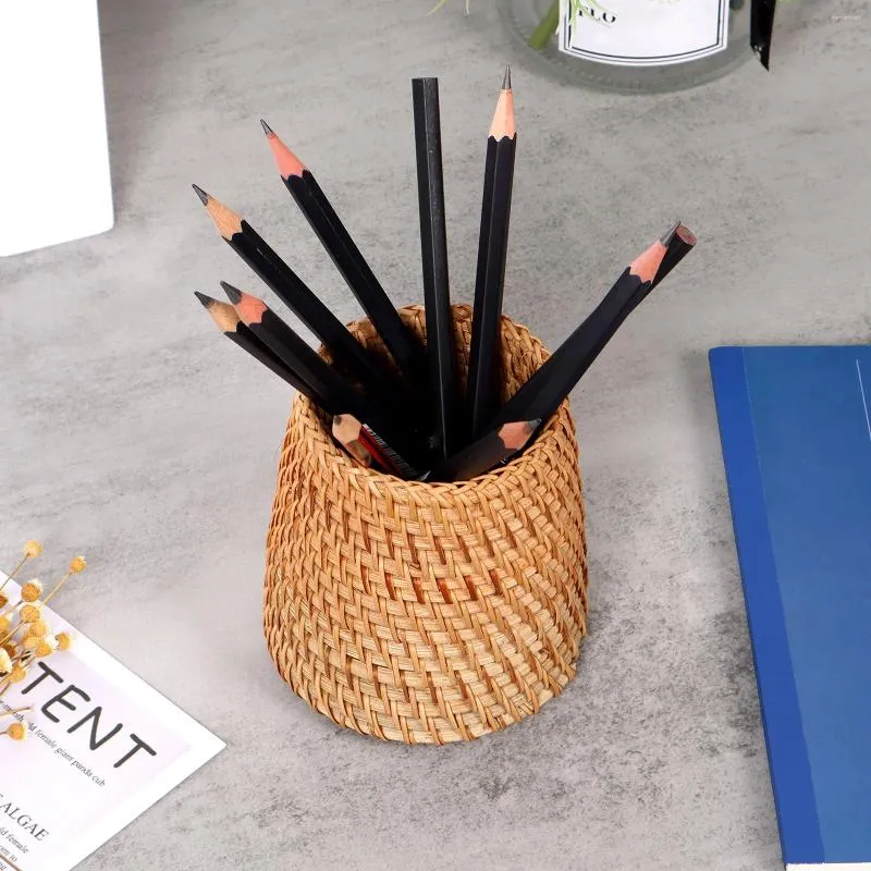 Vases 10cm Rattan Pencil Holder Wicker Pen Organizer Handmade Cup Woven Vine Container Makeup Brushes