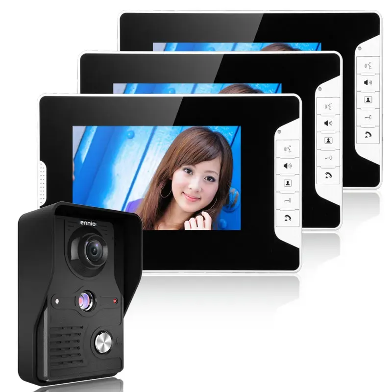 Intercom Free Shipping! 7 Inch Video Door Phone Doorbell Intercom Kit 1camera 3monitor Night Vision