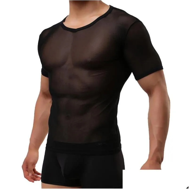 T-shirts masculins hommes y Skinny T-shirt Men Tops noir Voir à travers la perspective de tshirt à manches courtes à travers