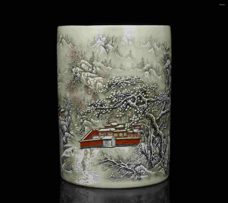 Vases China Old Collectible Hand- Painting Snow-Covered Landscape Porcelain Brush Pot