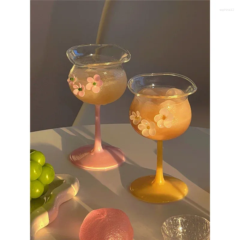 Wine Glasses INS Korean 3D Flower Milk Coffee Cup Crystal Cocktail Champagne Glass Irregular Home Party Alcohol Juice Drinking 280ML