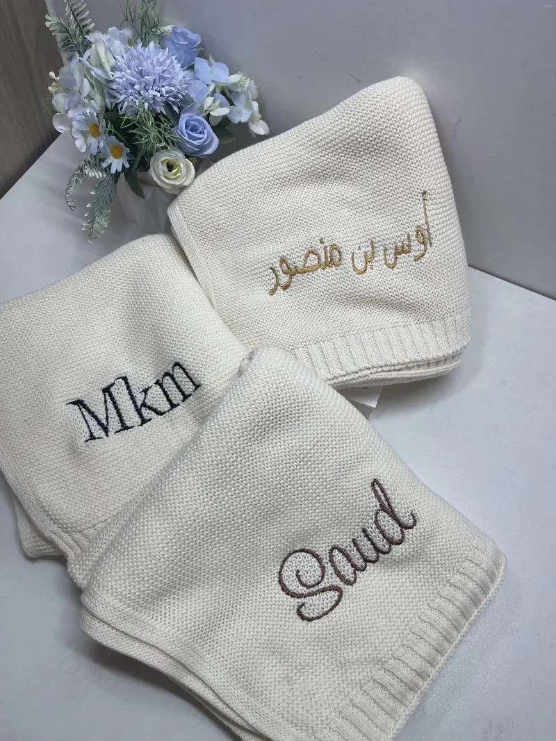 Blankets Arabic Customized Baby Blanket Embroidered Name Shower Gift Soft And Breathable Cotton Knitted Personalized