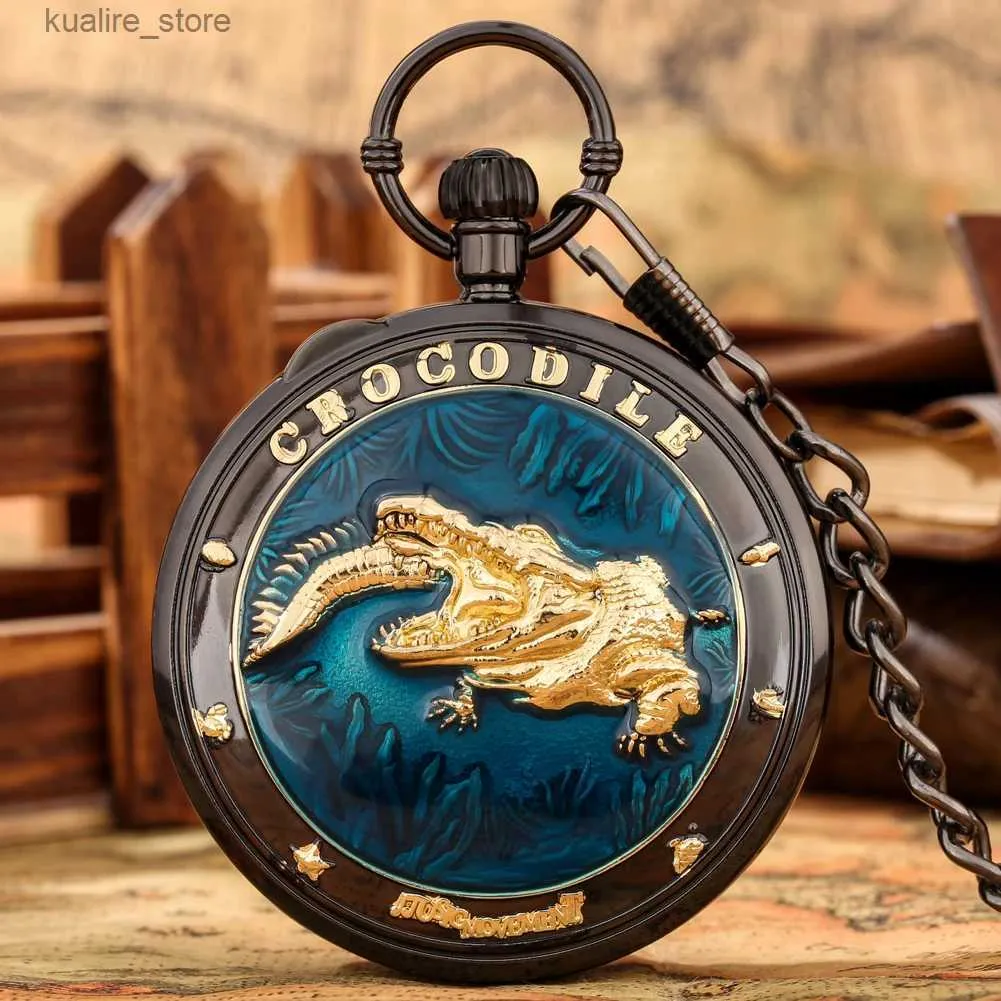 Pocket Watches Steampunk retro music pocket with crocodile pattern design large-sized quartz music door decoration pendant pocket clock with chain L240402