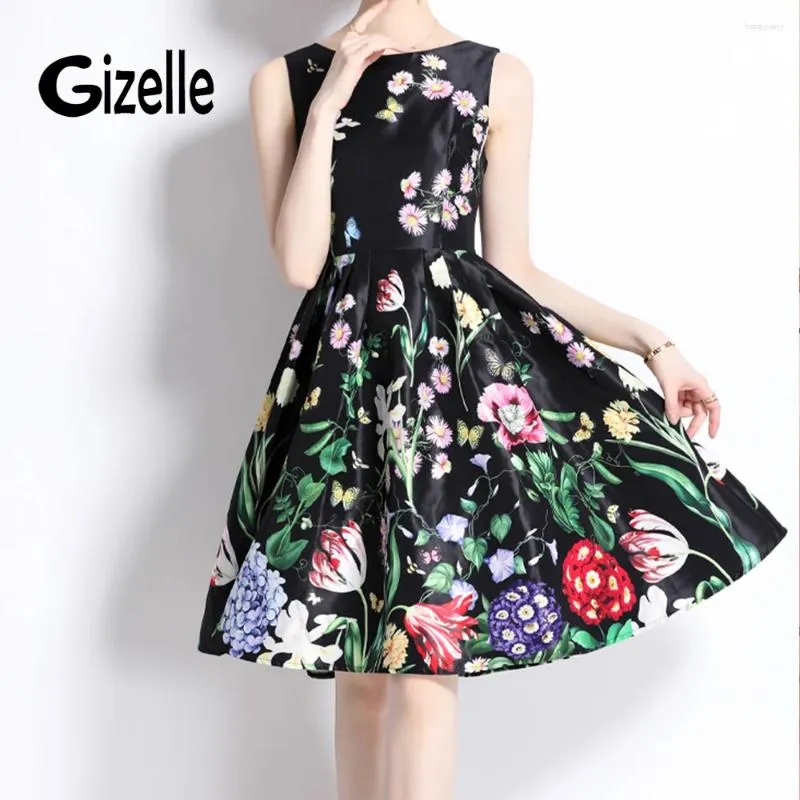 Casual Dresses Gizelle Summer Runway Vintage Flowers Print Sleeveless O Neck Women Ladies Party Evening Midi Vest Dress Mujer Clothes Z