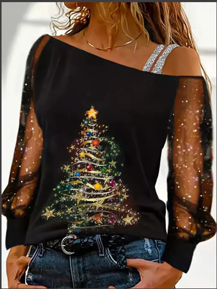 Save Big on Bulk Silver Sequin Blouse Ladies Long Sleeve Sequin Tops Sheer  Sleeve Blouse With Christmas Tree Print, Sexy Silver Shoulder Detail,