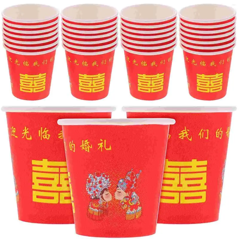 Disposable Cups Straws 100pcs Chinese Red Bowler Hat Glasses Portable Juices Cup Paper Teacup For Party Wedding