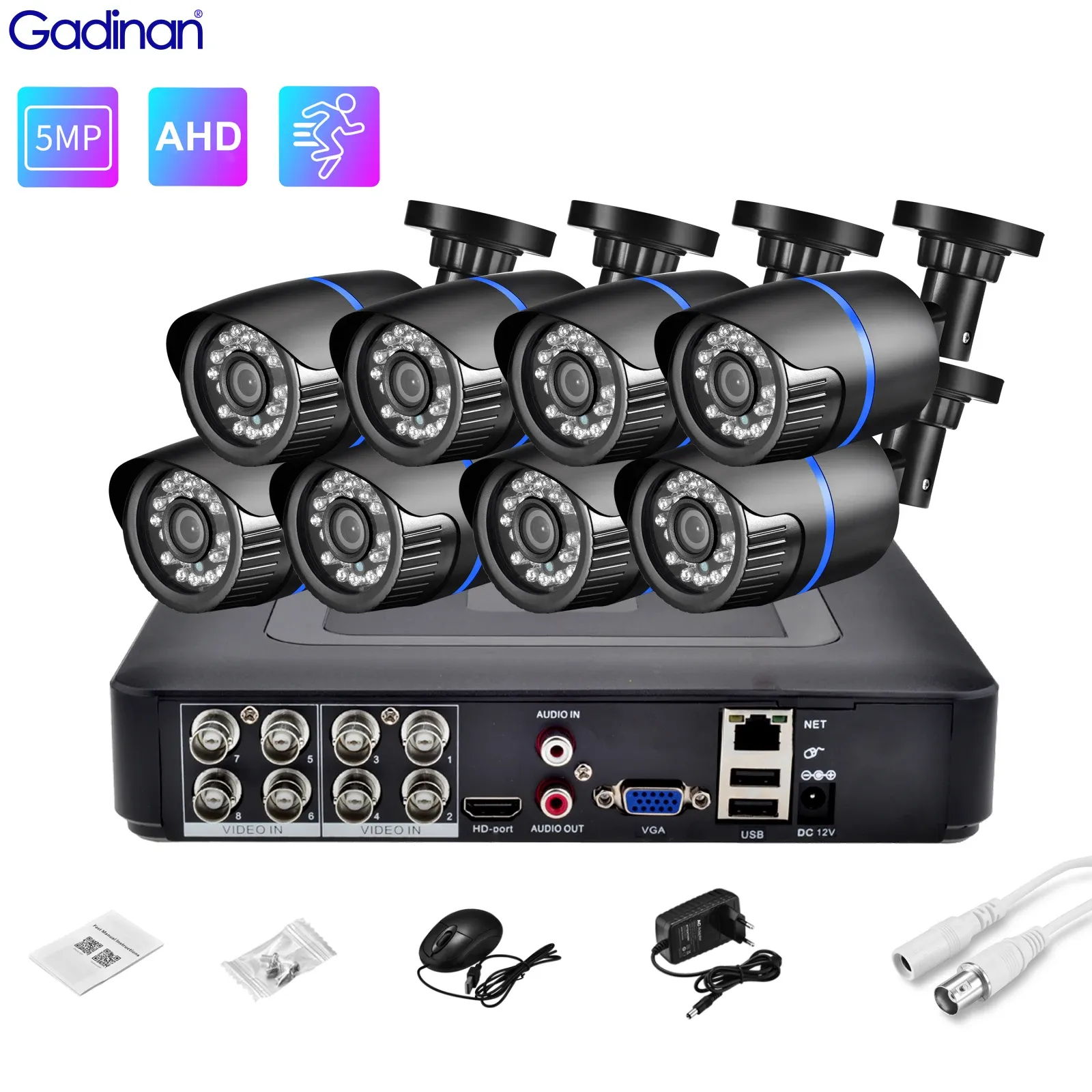System Gadinan AHD CCTV Camera Security System Kit 8/4CH DVR Recorder 2/4/6/8 st alternativ utomhus 5MP 1080P Bullet Video Surveillance