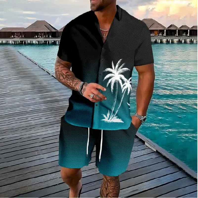 Tracce maschili da uomo hawaiano vacanza palma da pulsante pantaloncini estivi set spiaggia set da spiaggia hipster traccettaci