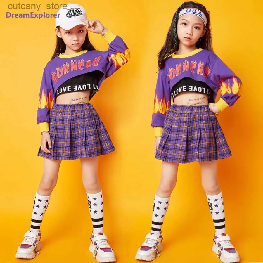 Sukienki dziewczynki Dziewczyny Hip Hop Crop Top Plaid Mini Spirt Ubrania Ubrania Dzieci Purple Bluza Zestaw Child Jazz Street Dance Costiums Streetwear L240402