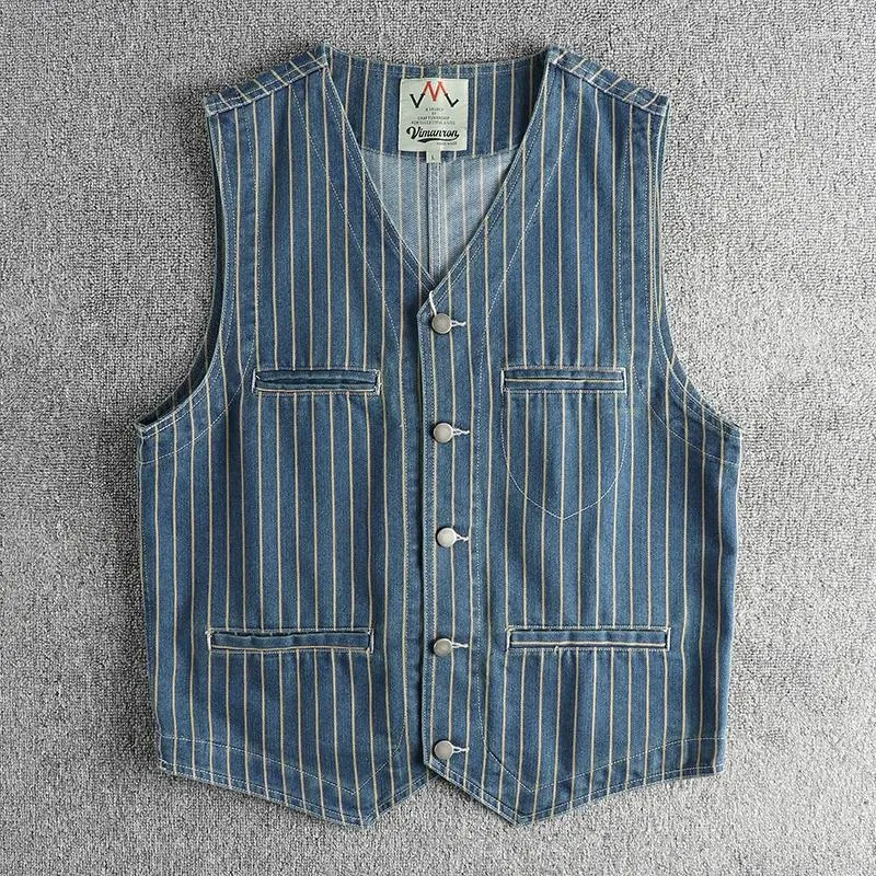 Men's Vests Spring Japanese Retro Denim Striped Cargo Vest Fashion Pure Cotton Washed Sleeveless V-neck Multi-pocket Casual Coat