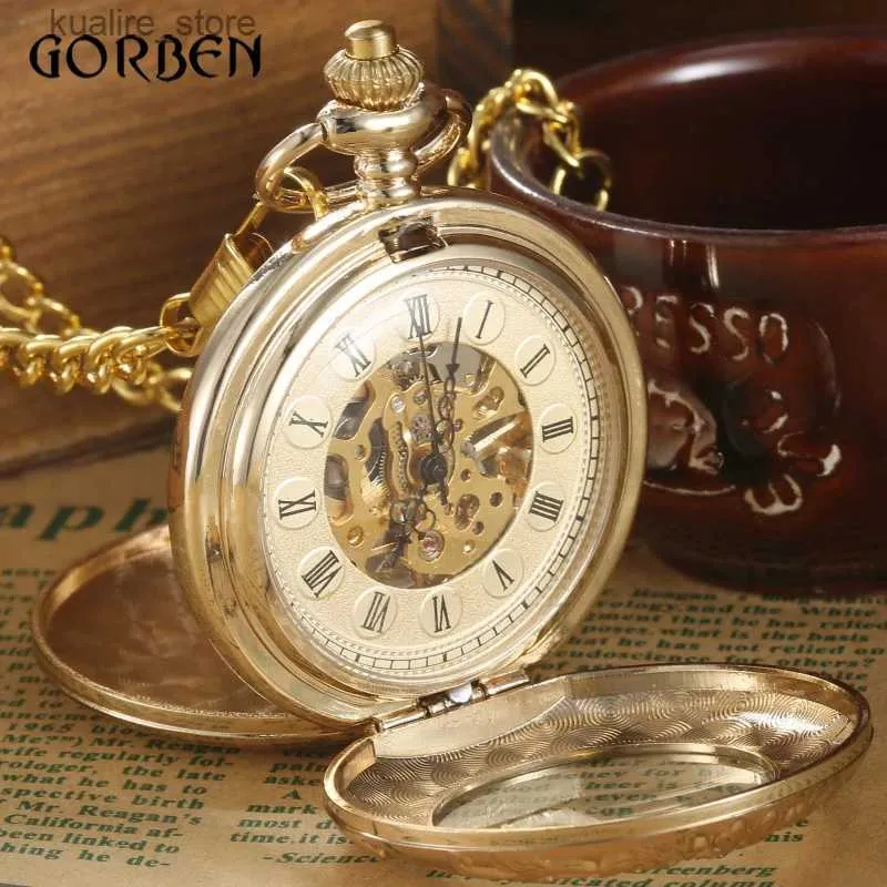 Pocket Watches Luxury Gold Steampunk Pocket FOB es Chain engraving 2 Sides Open Case Hand Wind Mechanical Pocket es Relogio De Bolso L240402