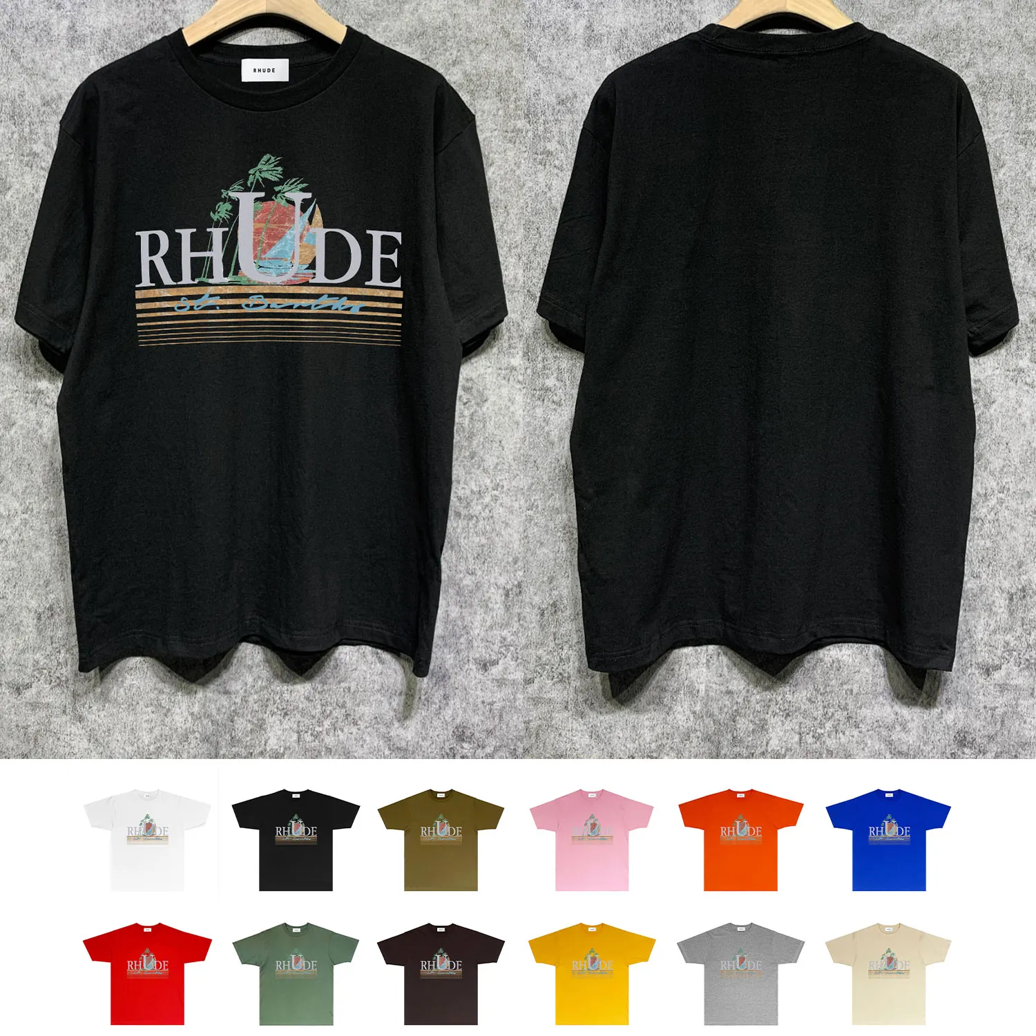 Couple lâche de qualité de rue Porte une marque de mode américaine RH022 Sunrise Sarile T-shirt à manches courtes imprimées