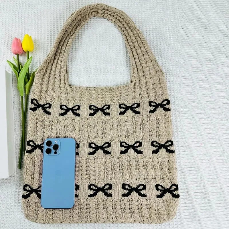 Totes Women Crochet Shoulder Bag Large Capacity Bow Pattern Tote Multifunctional Knitted Shopping Casual Commuting