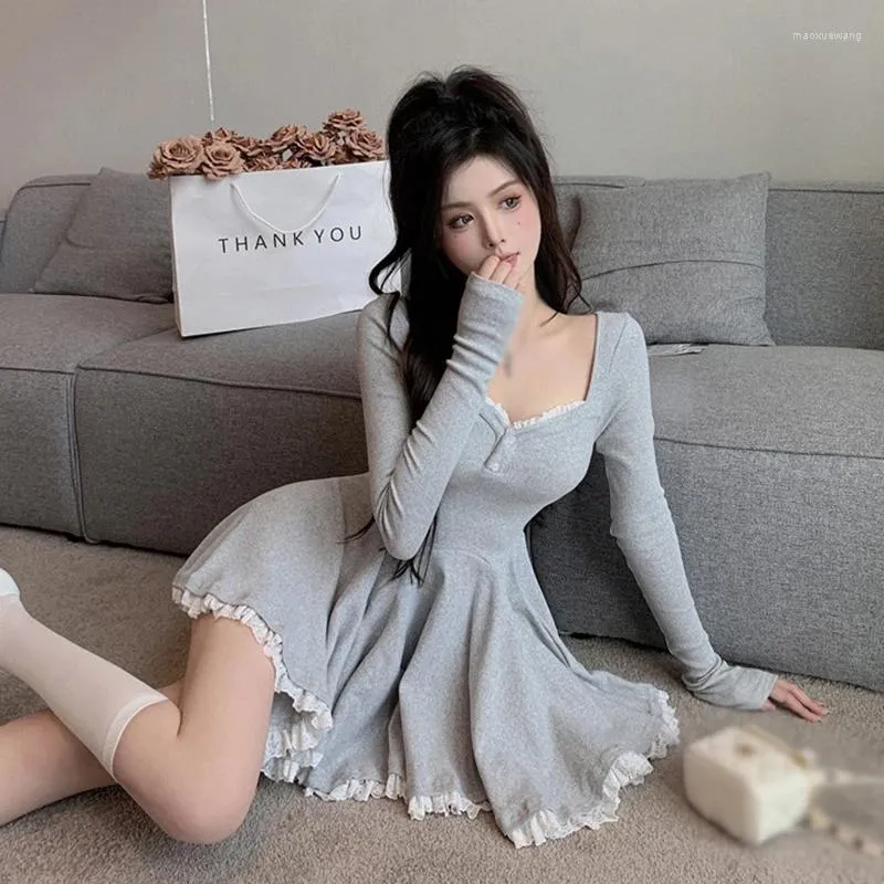 Casual Dresses Sexy Korean Dress French Style Waist Closed Long Sleeve Collarbone Exposed Sweet