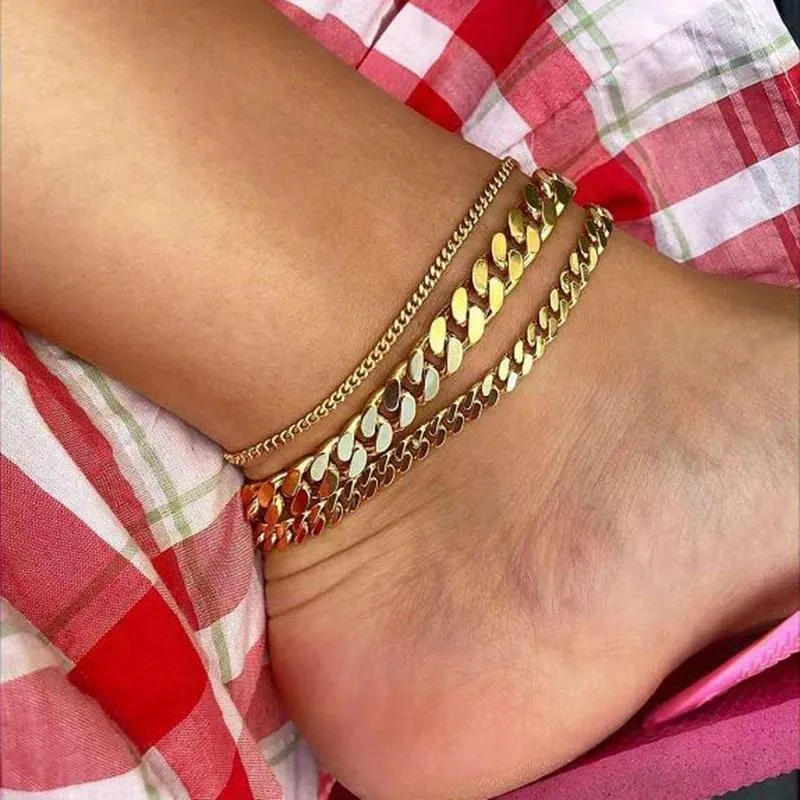 Tornozeleiras 2024 manchas de manchas hipoalergênicas gratuitas de 2,5 mm de 6 mm de 8 mm de ouro cubano banhado para mulheres jóias de pulseira de pé de praia de verão