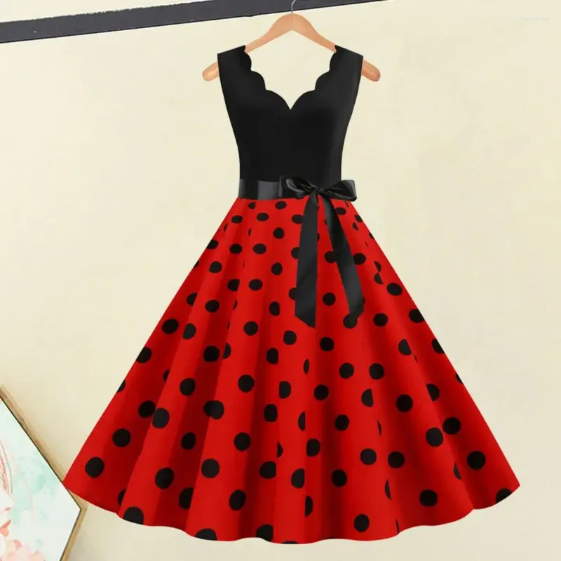 Robes décontractées robe arrière sans dos vintage Midi pour femmes inspirées d'inspiration vintage avec lacet-up en V-collier High Bow Detail Retro Dot Imprimé pour bal