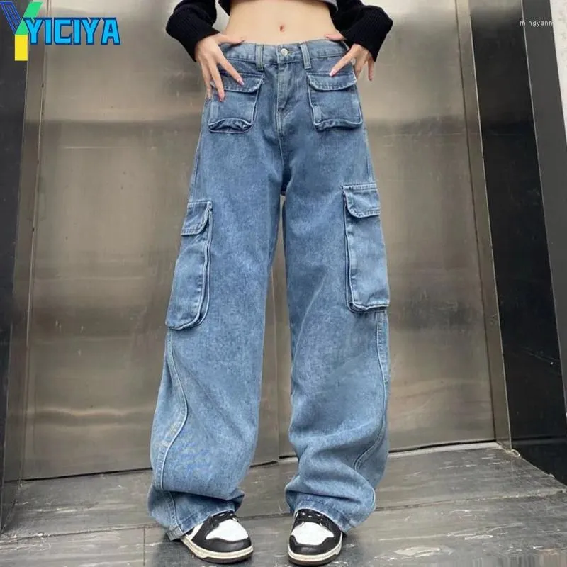 Jeans femininos yiciya macacão múltiplos bolsos y2k calças jean americanas cintura alta calça de pernas largas de pernas largas moda