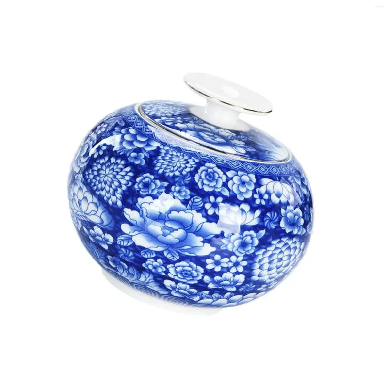 Vases Conteneur de pot en céramique bleu et blanc avec arrangement floral de couvercle scellé