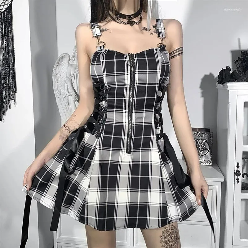 Vestidos casuais insdoit gótico bandagem xadrez preto vestido azul mulheres mulheres sem mangas zíper sexy mini punk estético verão uma linha