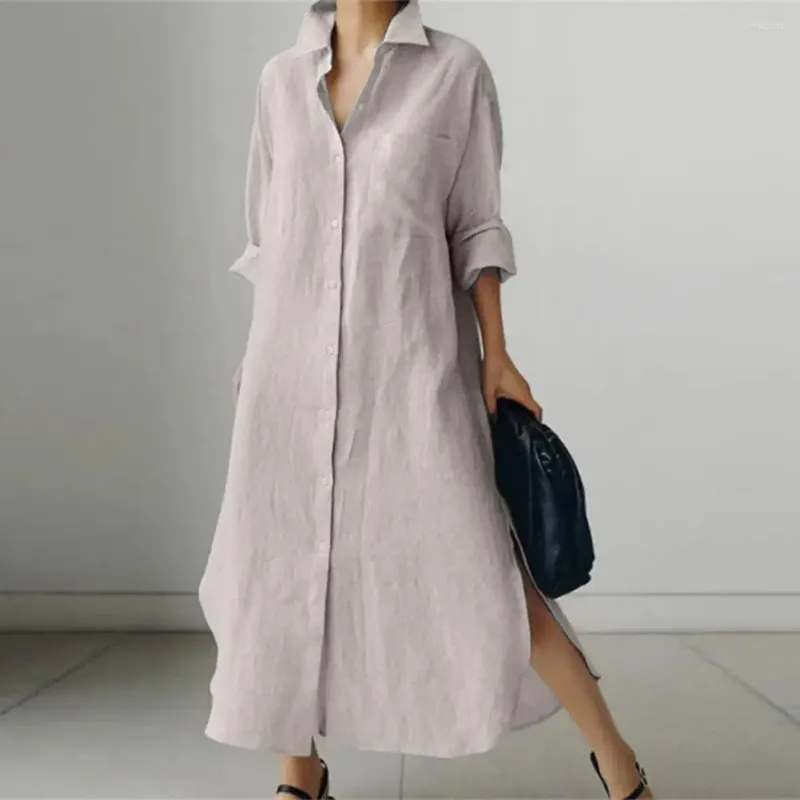 Casual Dresses Loose Cut Maxi Dress Elegant skjorta för kvinnor med oregelbunden delad hem LAPEL -krage slitage Fall Fall Long