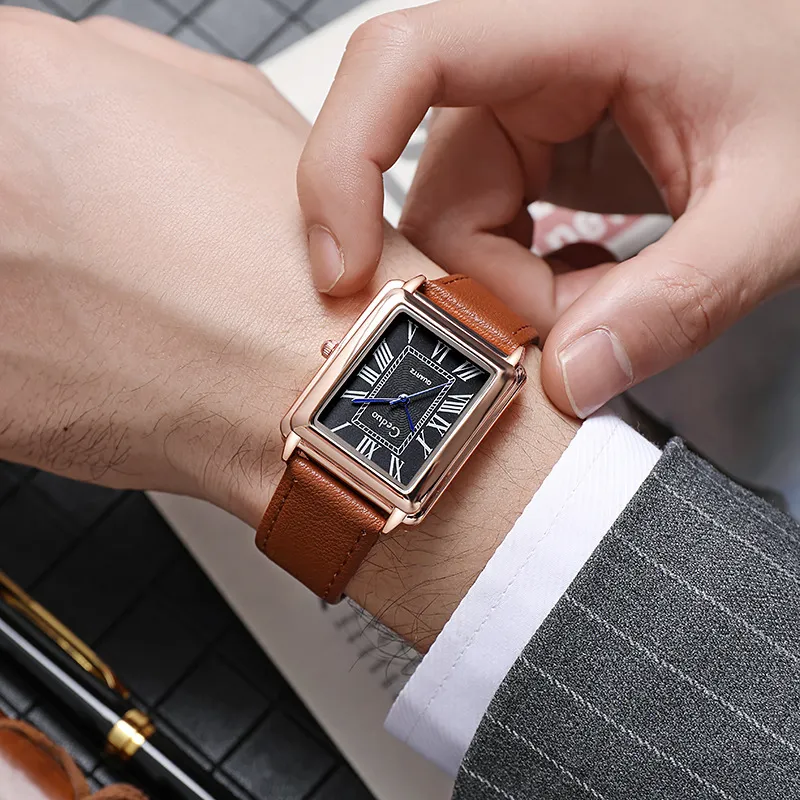 Högkvalitativ rosguld Japan Quartz Movement Watch Luxury Par Män Kvinnor Fashion äkta läderband Square Roman Dial Leisure Fashion Scanning Tick Clock