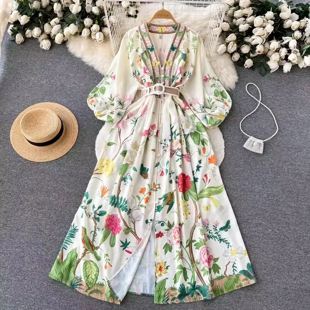 Vestidos casuais básicos 2024 folhas de verão folhas de flor longa vestido longa feminina vas de lanterna de lanteria